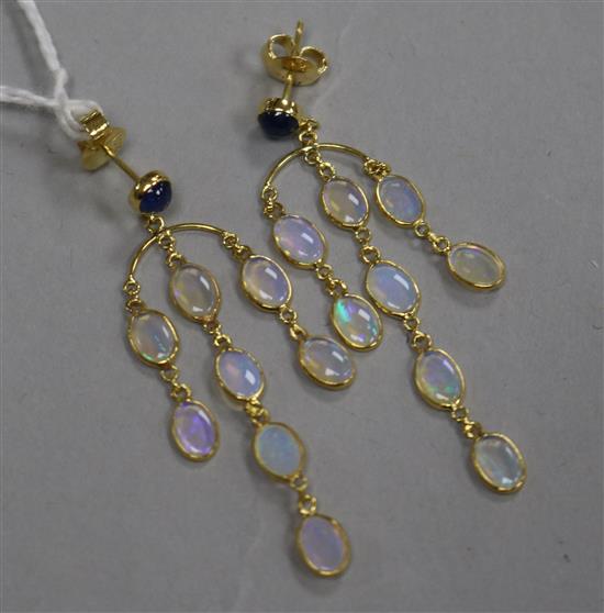 A pair of 14ct gold, white opal and sapphire chandelier drop earrings, 42mm